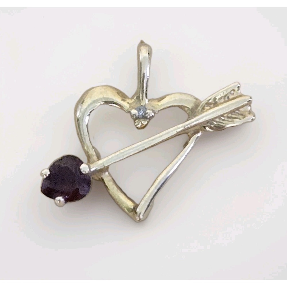 14K Gold Heart & Arrow Pendant Ruby Red Heart Diamond Love Charm 2.6g Vintage